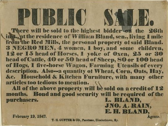 Printed broadside advertising the sale of enslaved people, 1847.