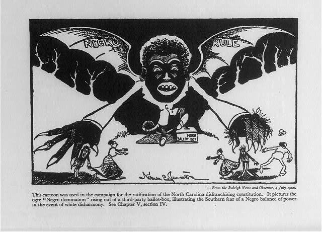 Political cartoon of a winged ogre labelled Negro Rule rising from a ballot box while
               white figures flee