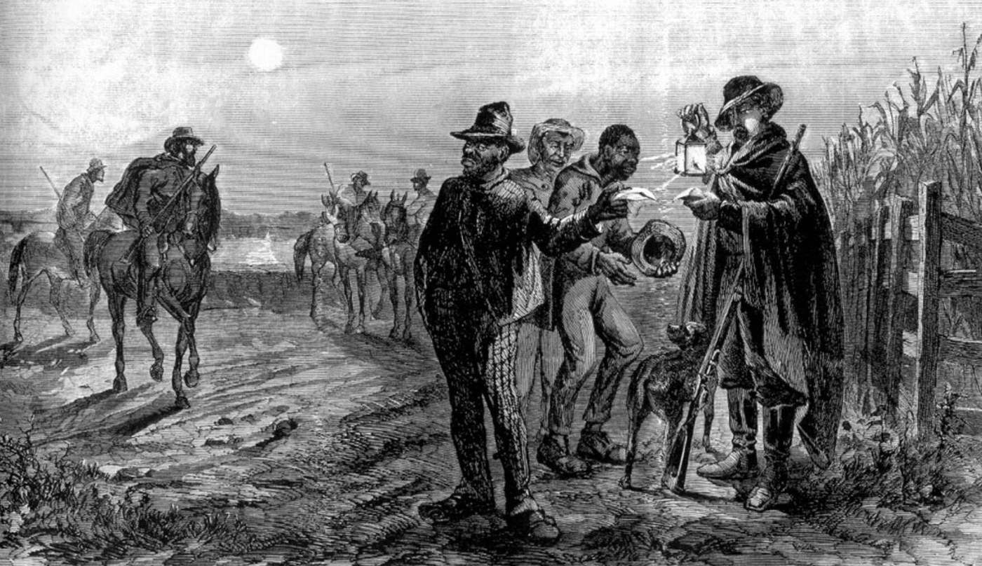 Wood engraving of a mounted patrol stopping two men on a road at night, one patroller holding a lantern to inspect a written pass