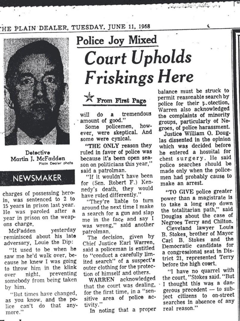 Front page of The Plain Dealer, 11 June 1968, headlined Court Upholds Friskings Here